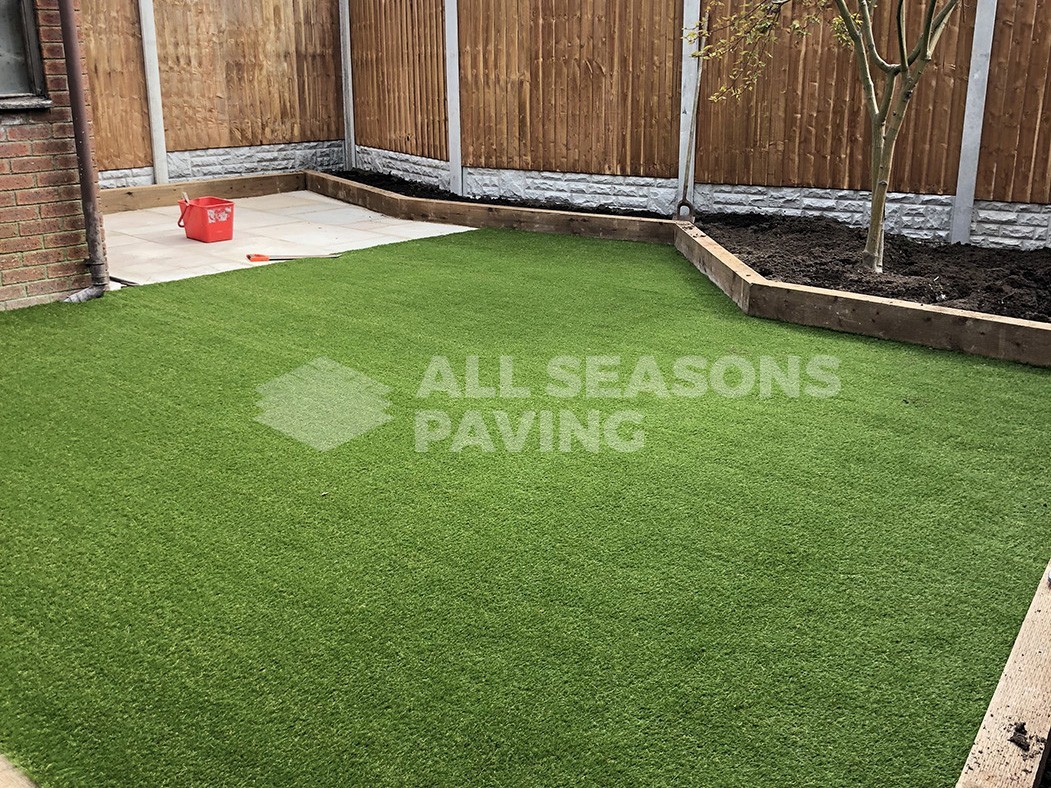 wide view of artificial lawn and landscaping work done in preston, lancashire