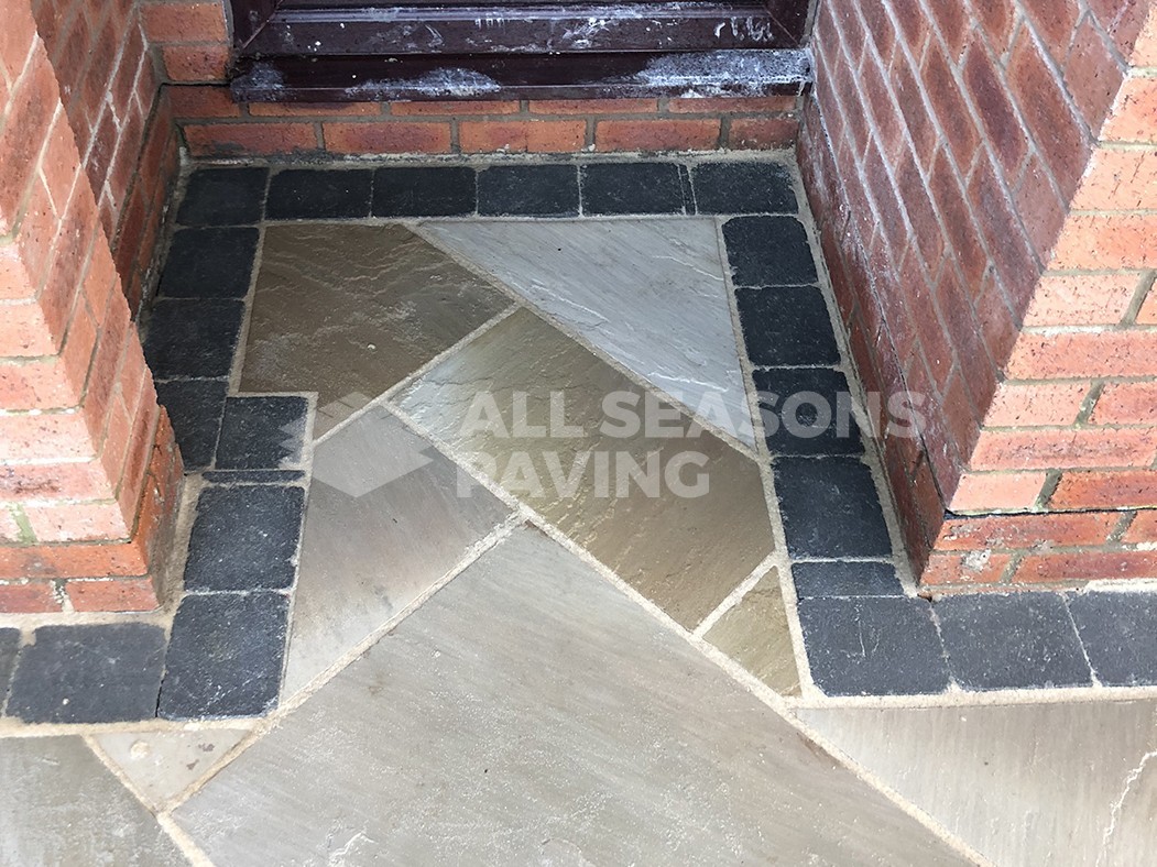 close up of corner in framed indian sandstone driveway preston, lancashire