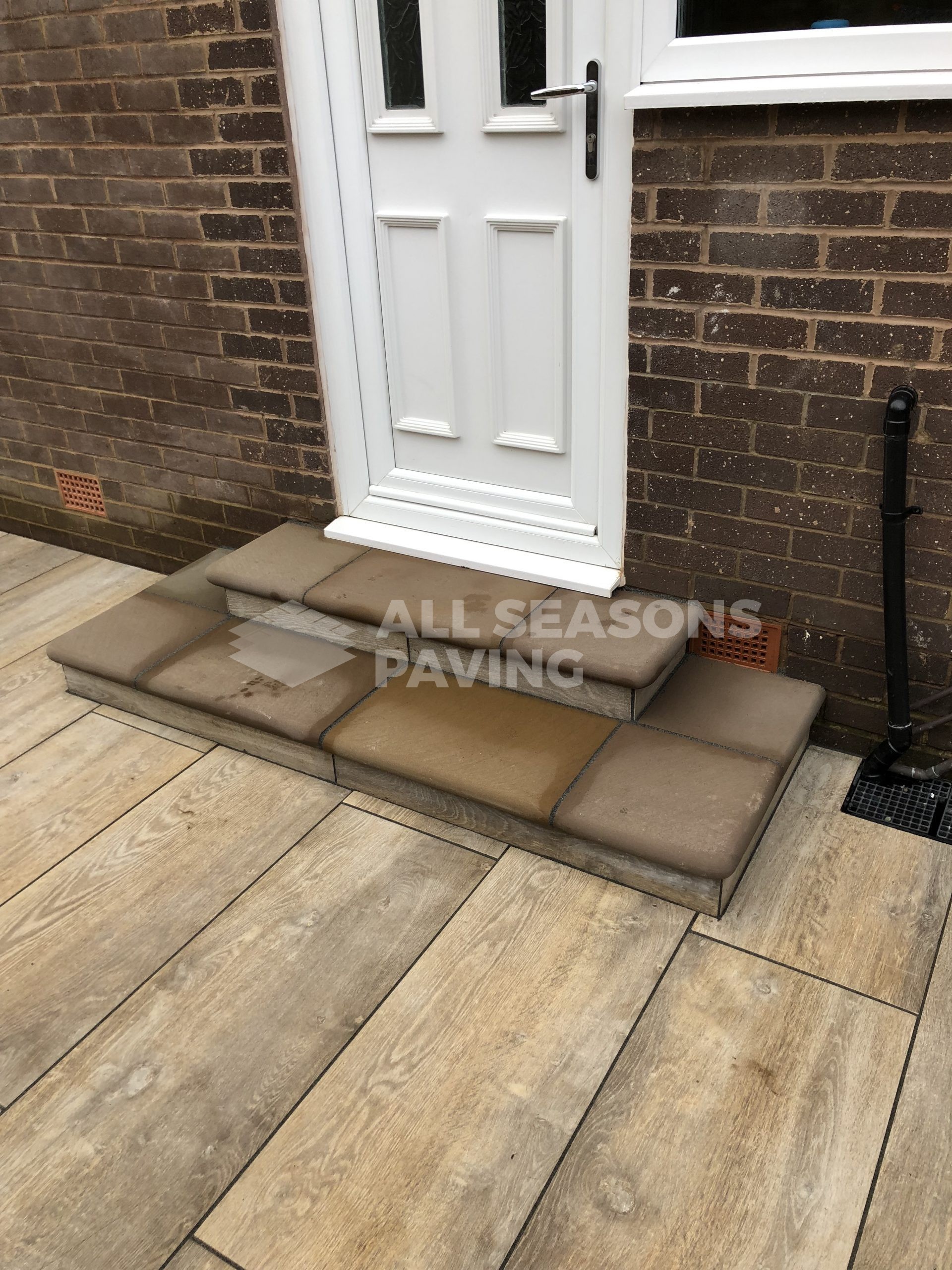 door and steps of porcelain patio wood effect leyland, near preston