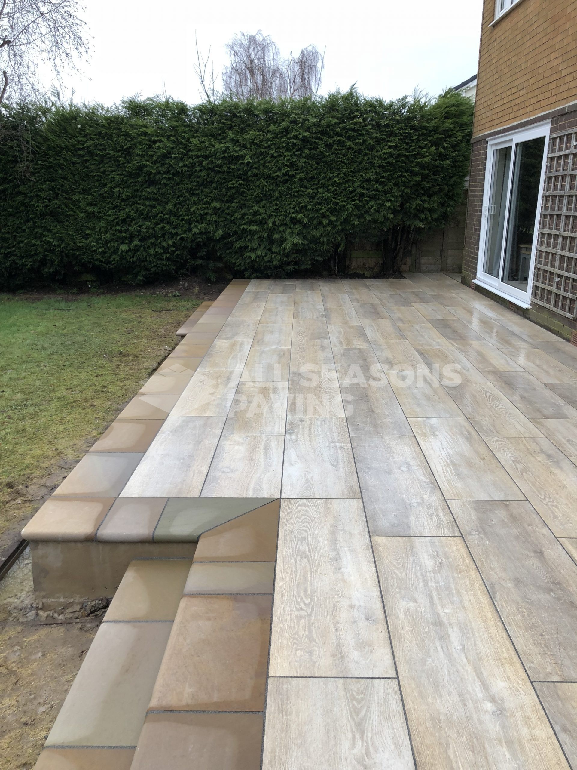 wide view of porcelain patio wood effect in leyland, near preston