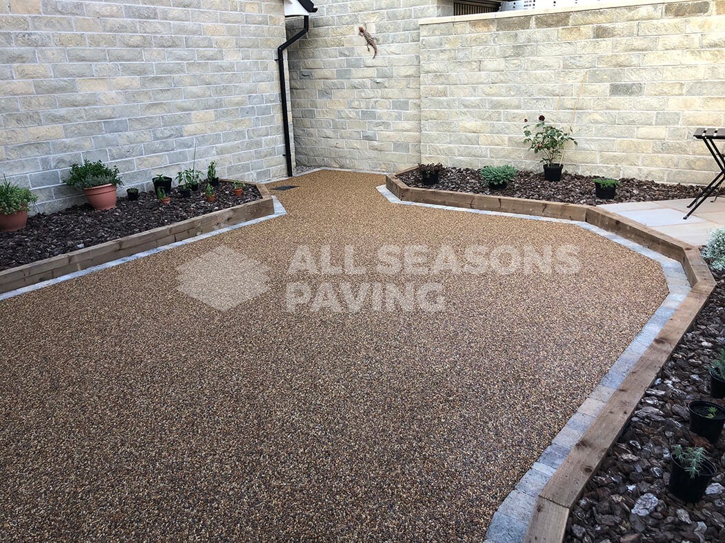 View of resin patio area near Preston in Lancashire showing wall art.