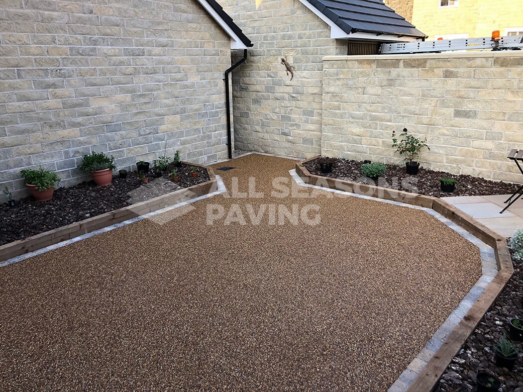 View of resin patio area from house, installed near Preston in Lancashire.