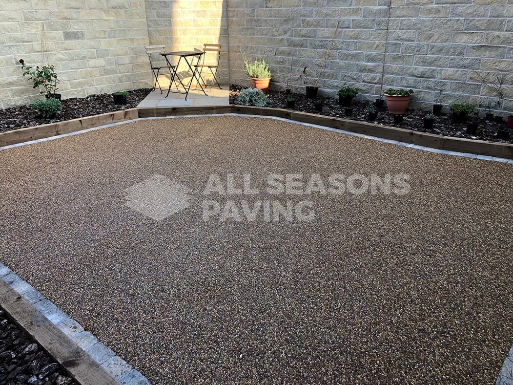 Resin patio installed in Lancashire, near Preston showing bistro garden furniture