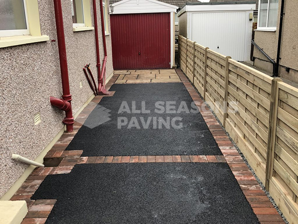 Shed view of Tarmac Driveway with Indian Sandstone in Preston, Lancashire